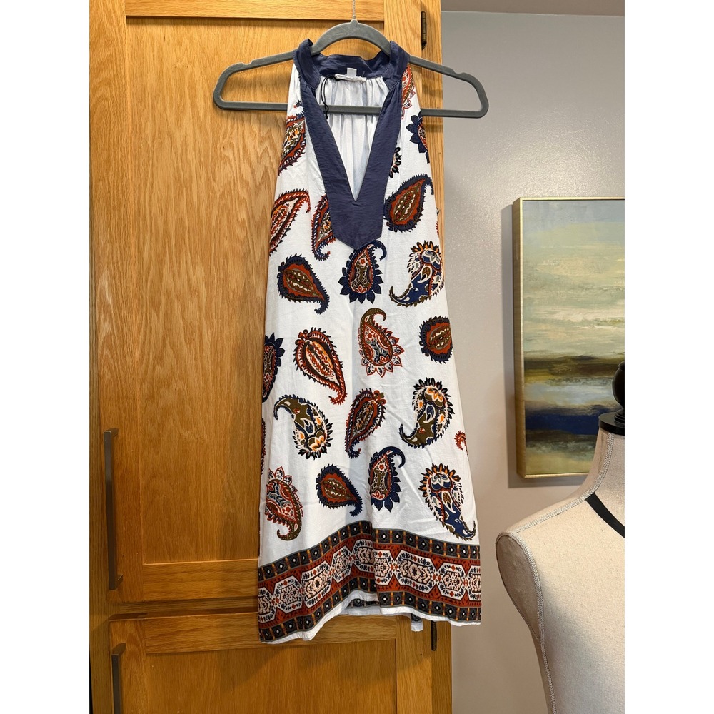 Boho Paisley Mini Dress White Navy Blue Rust V-Neck Sleeveless Shift